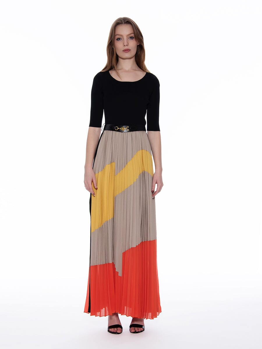 Color Block Sheer Pleats Maxi Dress w/Waist Belt DRESS Gracia Fashion BLACK/BEIGE S 