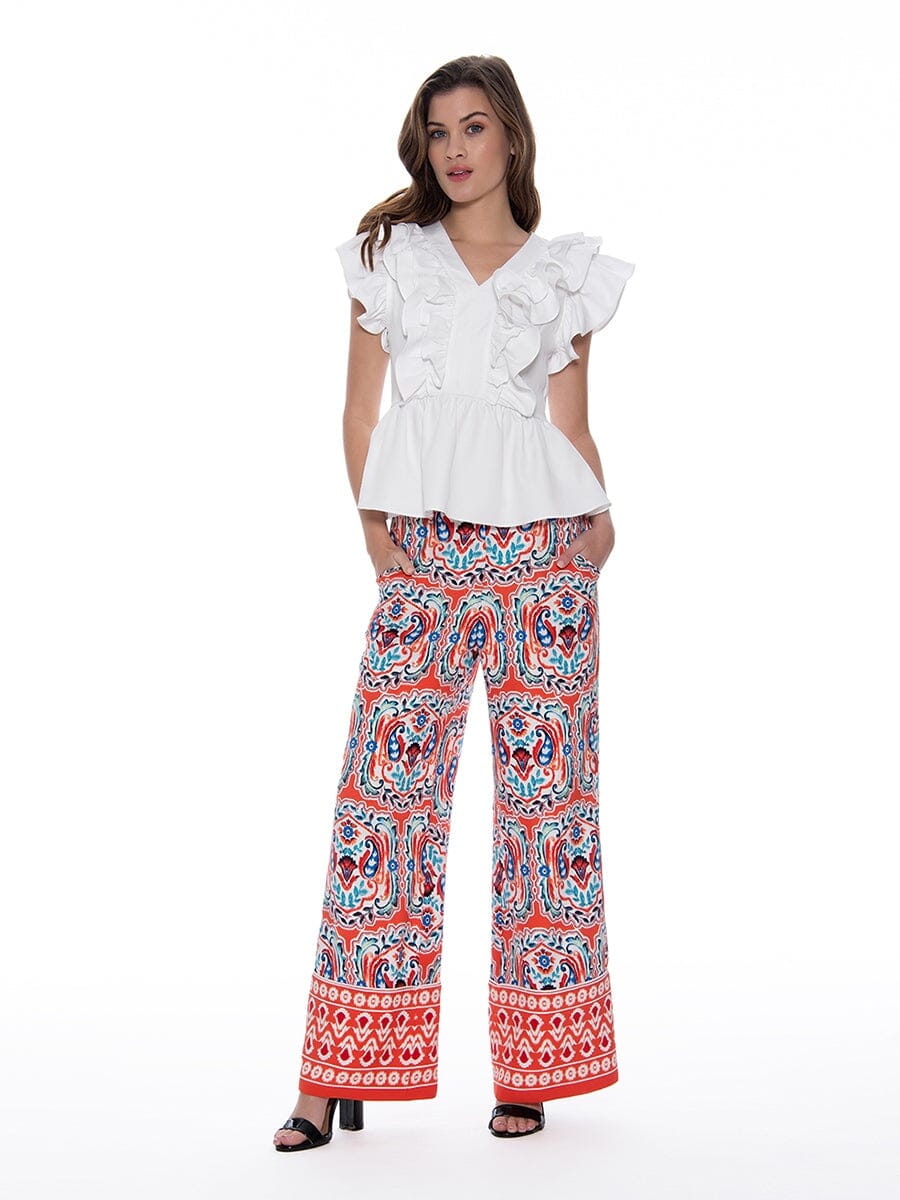 Colorful Abstract Print Wide Leg Pants PANTS Gracia Fashion ORANGE S 