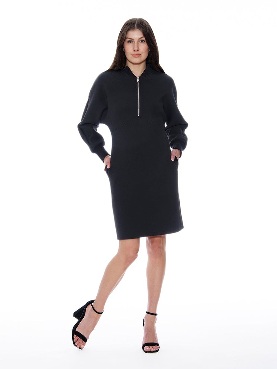 Comfort Fabric Front-Zip Fitted Waist Midi Dress DRESS Gracia Fashion BLACK S 