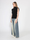 Contrast Color Wide Leg Denim Pant PANTS Gracia Fashion 