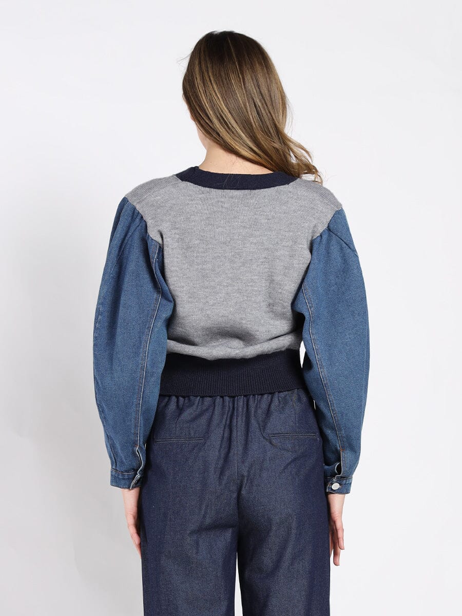 Contrast Cropped Denim Sleeve Button Up Cardigan SWEATER Gracia Fashion 
