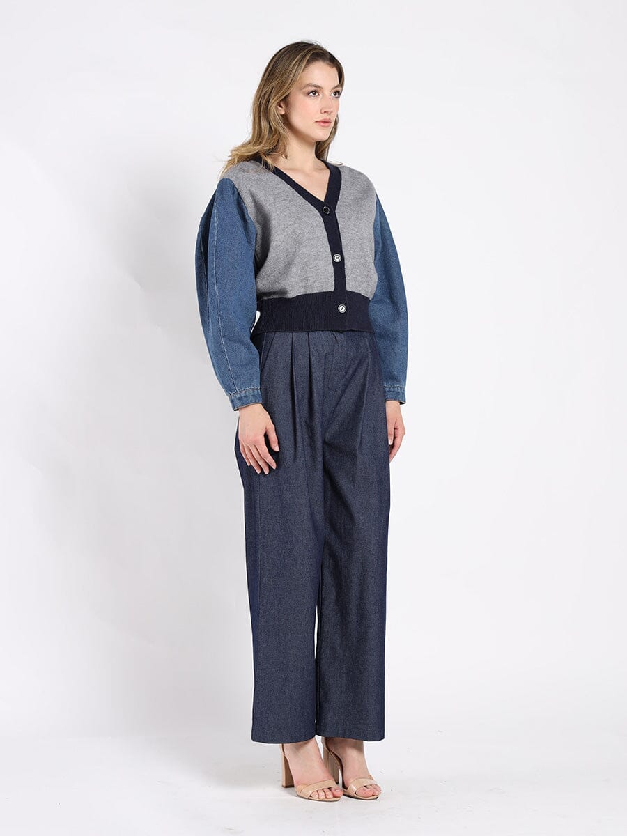Contrast Cropped Denim Sleeve Button Up Cardigan SWEATER Gracia Fashion 