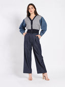 Contrast Cropped Denim Sleeve Button Up Cardigan SWEATER Gracia Fashion 