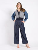 Contrast Cropped Denim Sleeve Button Up Cardigan SWEATER Gracia Fashion 