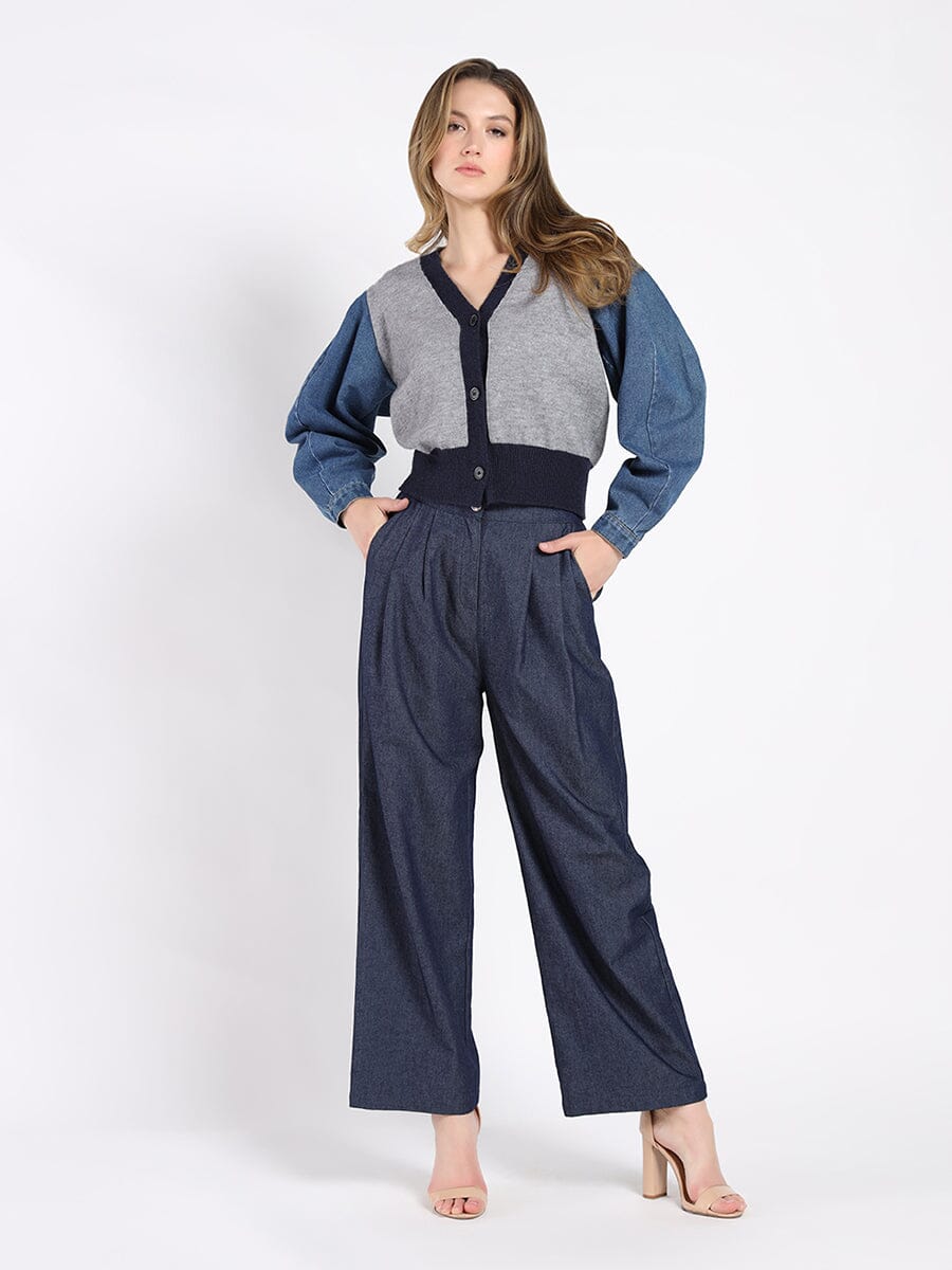 Contrast Cropped Denim Sleeve Button Up Cardigan SWEATER Gracia Fashion GREY S 