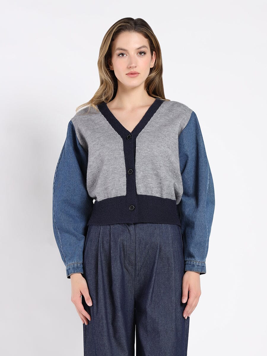 Contrast Cropped Denim Sleeve Button Up Cardigan – Gracia Fashion