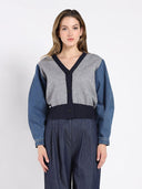 Contrast Cropped Denim Sleeve Button Up Cardigan SWEATER Gracia Fashion GREY S 