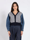 Contrast Cropped Denim Sleeve Button Up Cardigan SWEATER Gracia Fashion GREY S 
