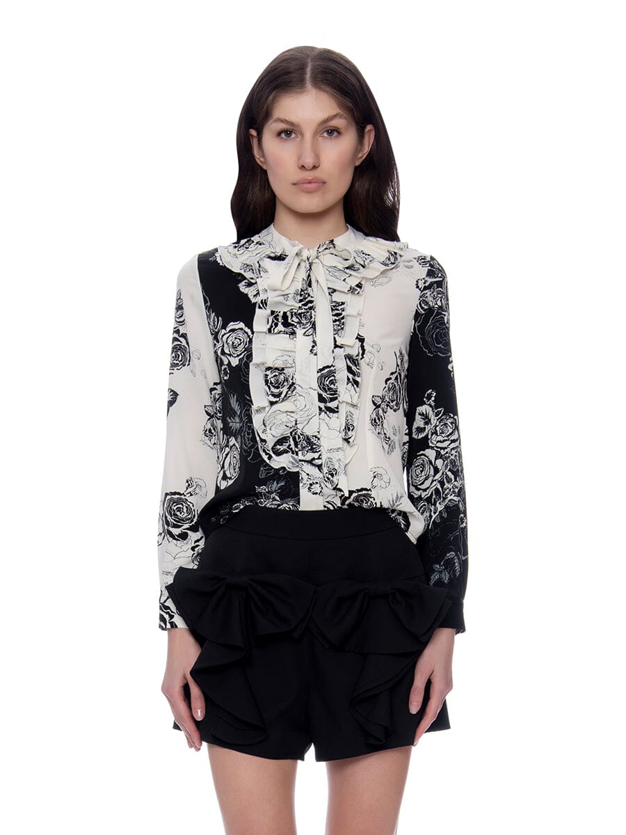 Contrast Floral Print Ruffle Trim Tie-Neck Blouse TOP Gracia Fashion BLACK/WHITE S 