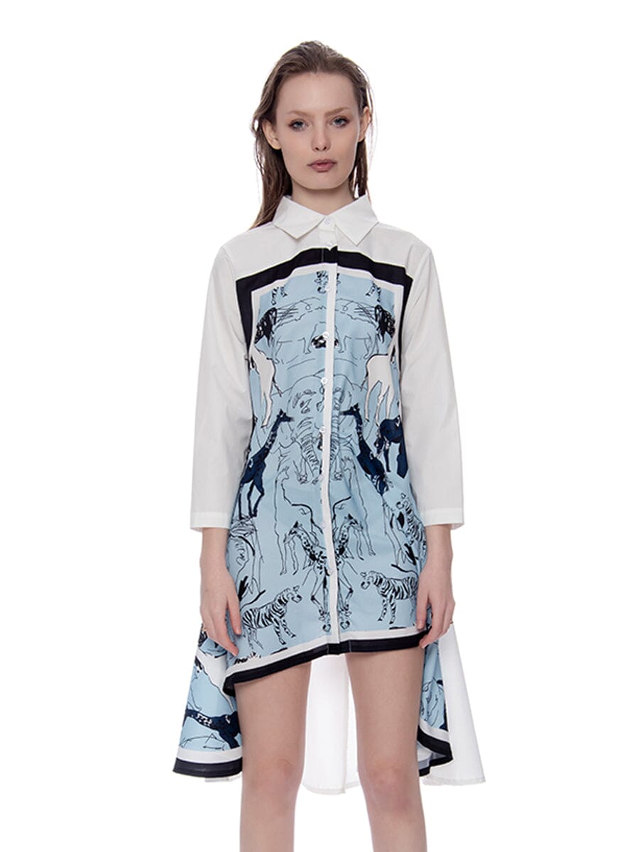 Contrast Graphic Loose Fit Asymmetric Shirt Dress DRESS Gracia Fashion WHITE S 