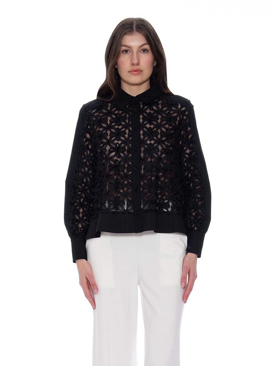 Contrast Mesh Embroidered High-Low Shirt TOP Gracia Fashion BLACK S 