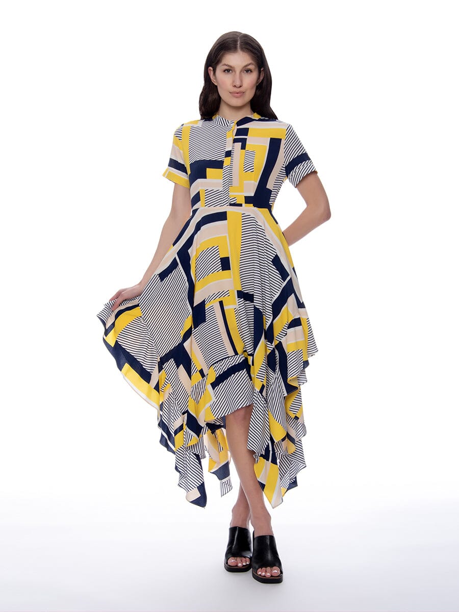 Contrast Print Asymmetrical Hem Button-Down Dress DRESS Gracia Fashion YELLOW S 