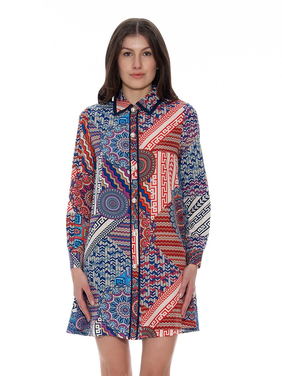 Contrast Print Pearl Button-Down Shirt Dress DRESS Gracia Fashion BLUE S 