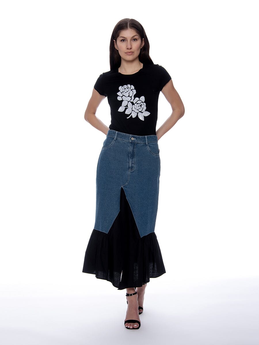 Contrast Ruffle Hem Midi Denim Skirt SKIRT Gracia Fashion DENIM BLACK S 