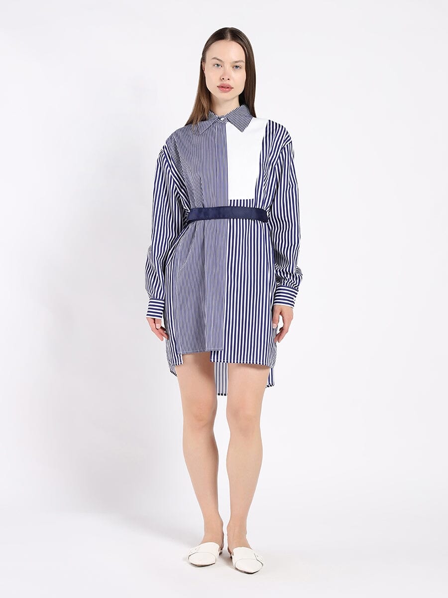 Contrast Stripe Long Sleeve Hi-Low Dress DRESS Gracia Fashion BLUE S 