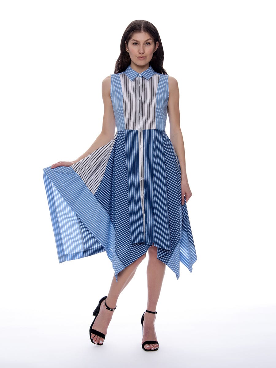 Contrast Striped Cotton Asymmetrical Hem Dress DRESS Gracia Fashion BLUE S 