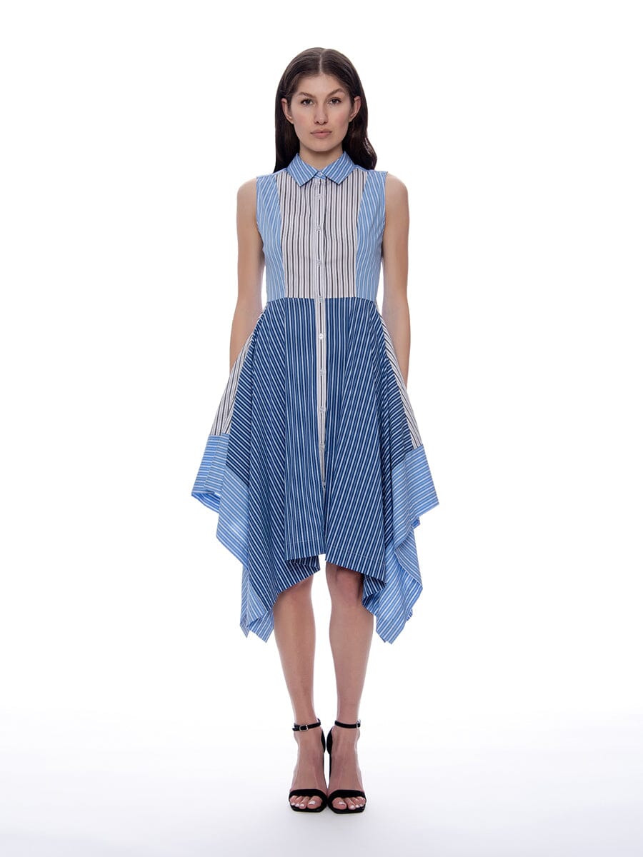 Contrast Striped Cotton Asymmetrical Hem Dress DRESS Gracia Fashion BLUE S 