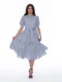 Contrast Striped Tie-Belted High Neck Dress DRESS Gracia Fashion 