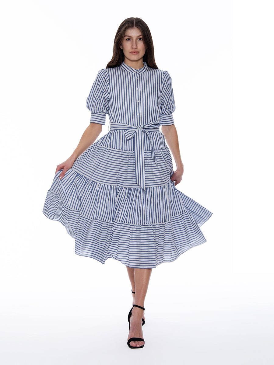 Contrast Striped Tie-Belted High Neck Dress DRESS Gracia Fashion BLUE S 