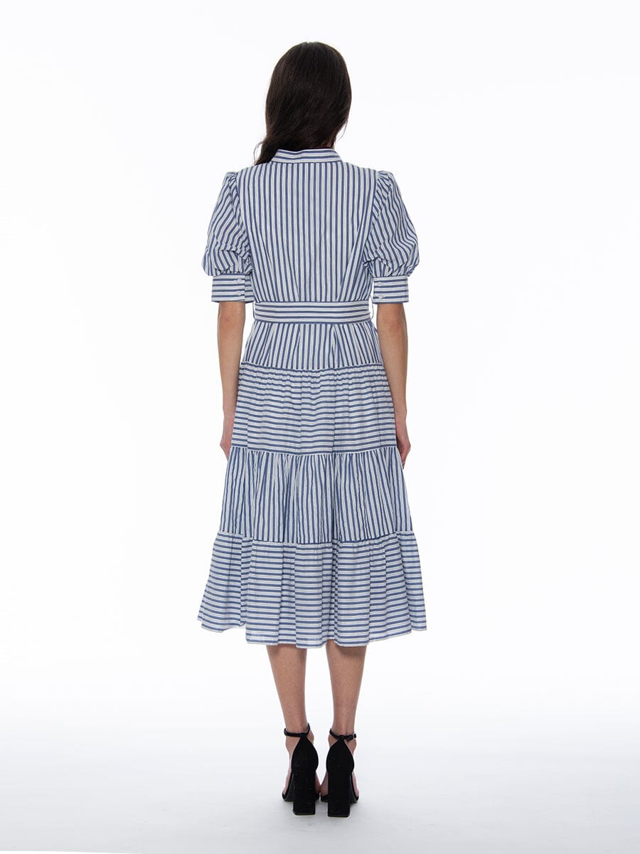 Contrast Striped Tie-Belted High Neck Dress DRESS Gracia Fashion 