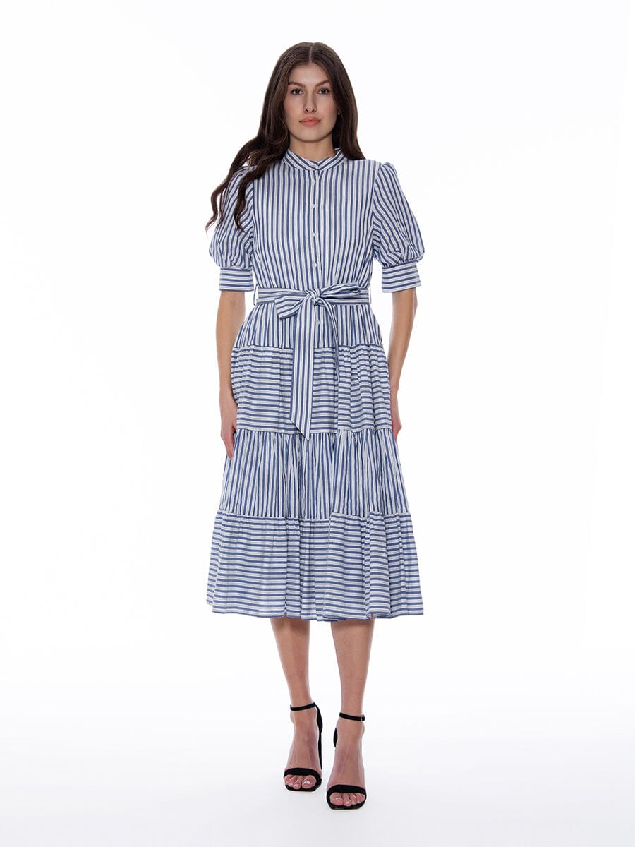 Contrast Striped Tie-Belted High Neck Dress DRESS Gracia Fashion BLUE S 