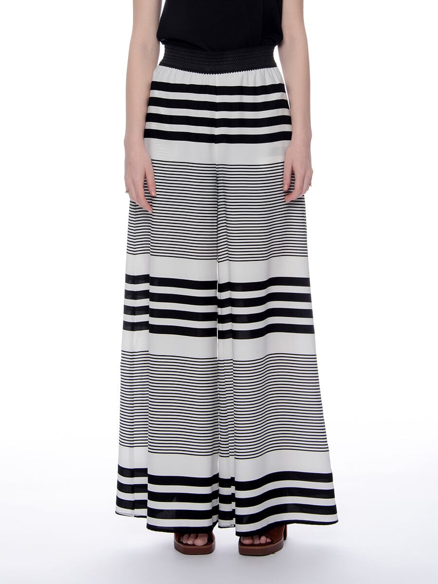 Contrast Stripes Elastic Waist Band Wide-Leg Pants PANTS Gracia Fashion WHITE/BLACK S 