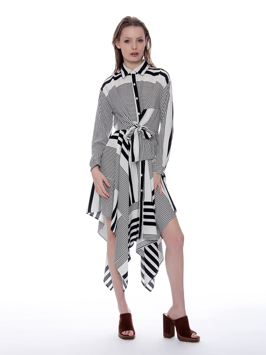 Contrast Stripes Front-Tie Asymmetrical Hem Dress DRESS Gracia Fashion WHITE/BLACK S 