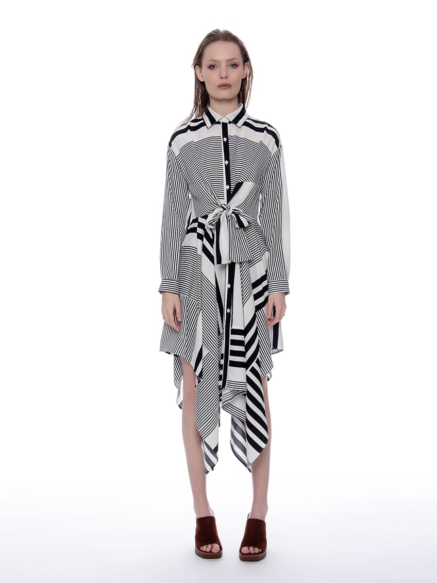 Contrast Stripes Front-Tie Asymmetrical Hem Dress DRESS Gracia Fashion WHITE/BLACK S 