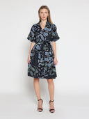 Cotton Printed Puffed Sleeve Belt Dress DRESS Gracia Fashion BLACK/BLUE S 