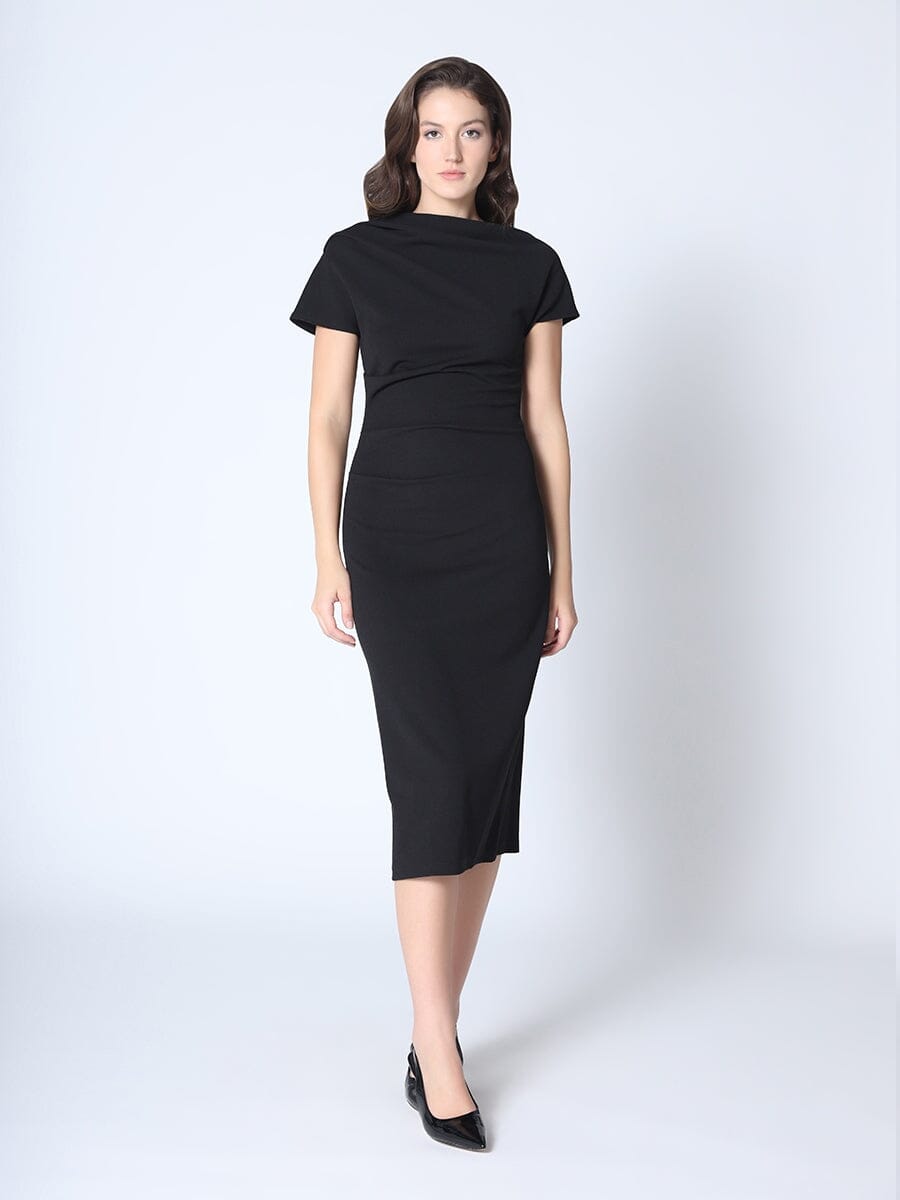 Cowl Neck Knee-Length Semi Bodycon Dress DRESS Gracia Fashion BLACK S 