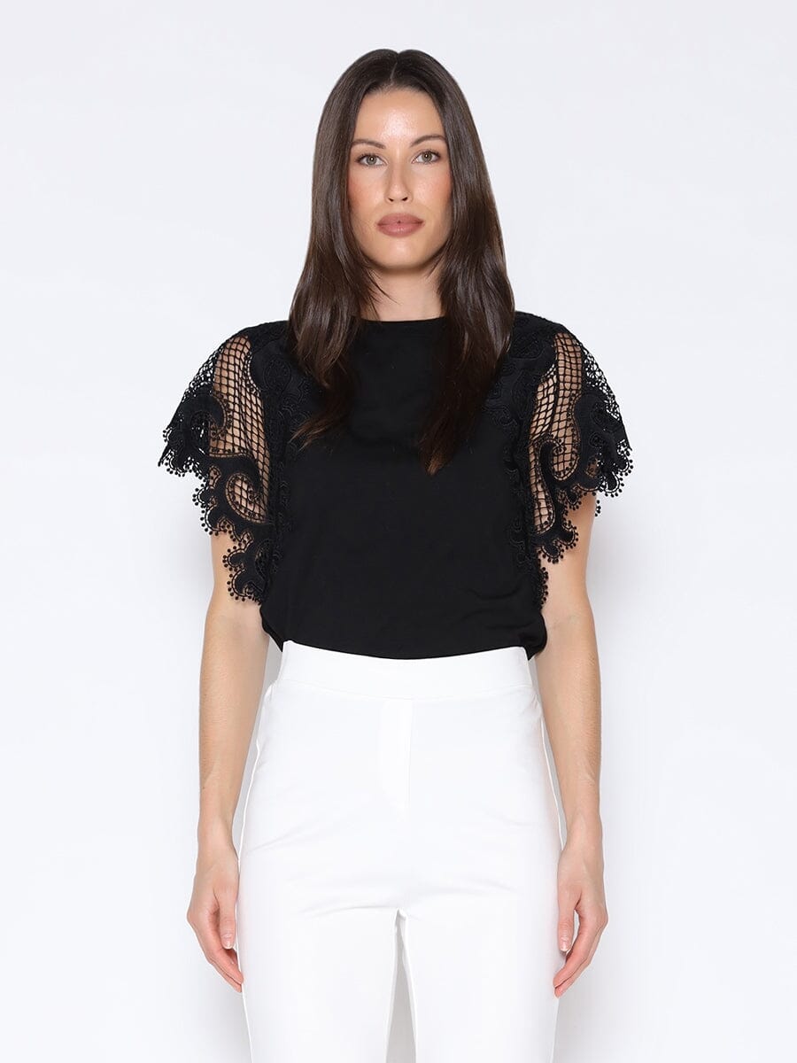 Crchet Lace Sleeve T-Shirt TOP Gracia Fashion BLACK S 