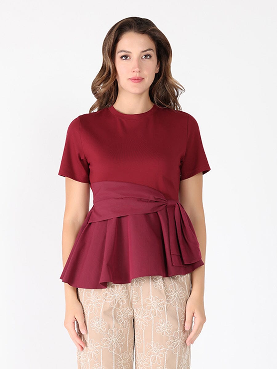 Crew Neck Oversized Bow Top TOP Gracia Fashion BURGUNDY S 