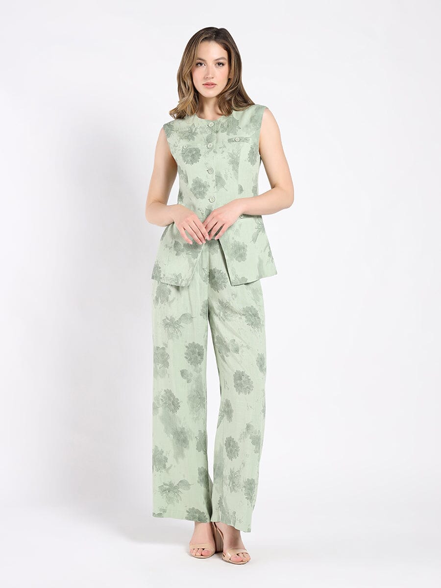 Crew neck printed vest with front button TOP Gracia Fashion LIGHT GREEN S 