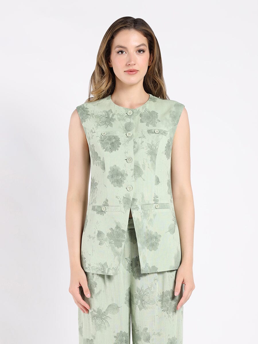 Crew neck printed vest with front button TOP Gracia Fashion LIGHT GREEN S 