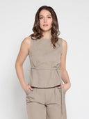 Crew Neck Sleevesless Belt Top TOP Gracia Fashion BEIGE S 