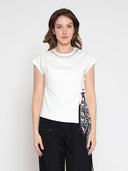 Crew neck stone work side tie sleeveless top TOP Gracia Fashion WHITE S 