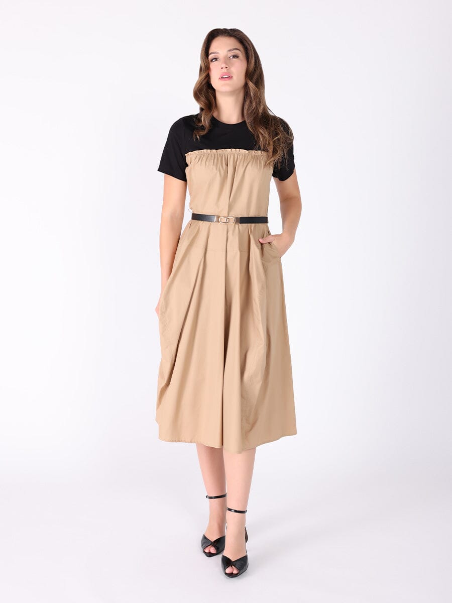 Crewneck short sleeve color contrast long dress DRESS Gracia Fashion 