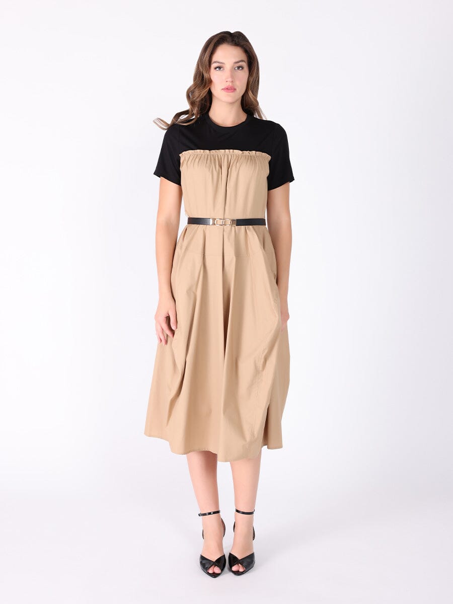 Crewneck short sleeve color contrast long dress DRESS Gracia Fashion BEIGE S 