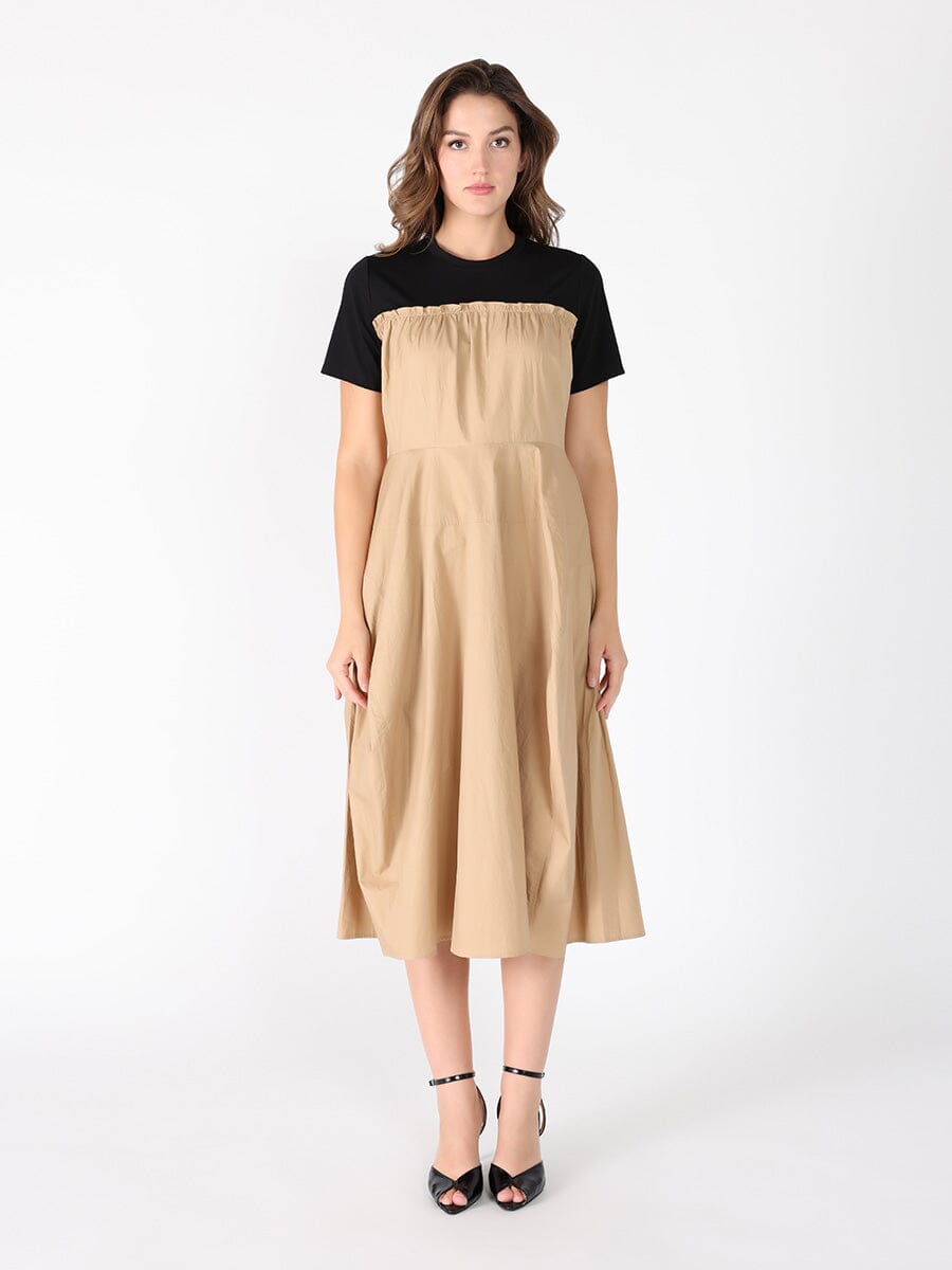 Crewneck short sleeve color contrast long dress DRESS Gracia Fashion BEIGE S 