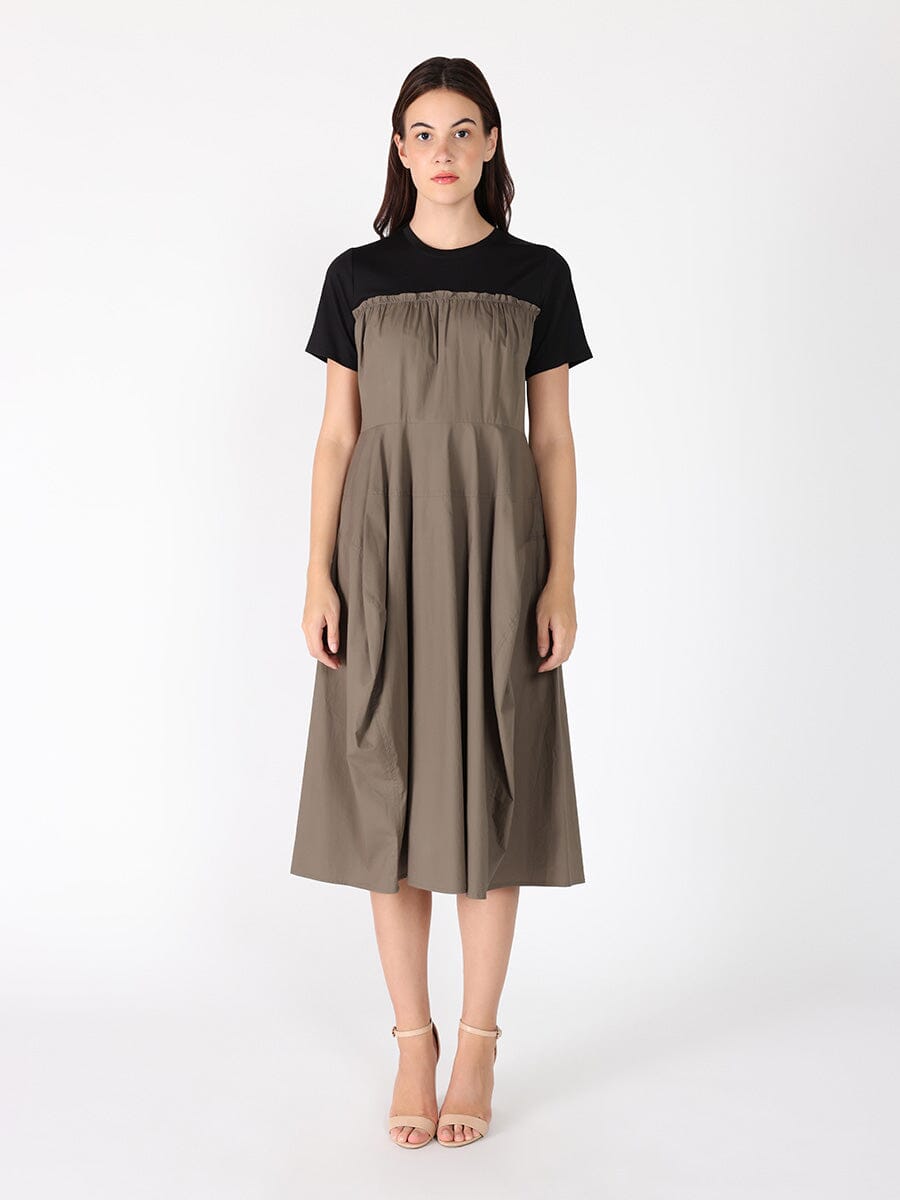 Crewneck short sleeve color contrast long dress DRESS Gracia Fashion OLIVE S 