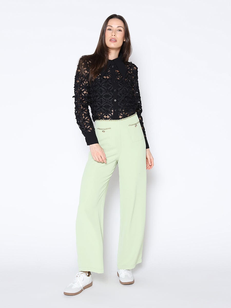 Criss-Cross Flower Pattern Sheer Big Collor Blouse TOP Gracia Fashion BLACK S 