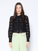 Criss-Cross Flower Pattern Sheer Big Collor Blouse TOP Gracia Fashion BLACK S 