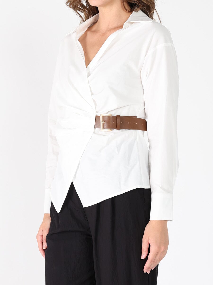 Cross Body Belt Design Side Gathered Top TOP Gracia Fashion 