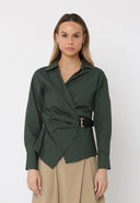 Cross Body Belt Design Side Gathered Top TOP Gracia Fashion HUNTER GREEN S 