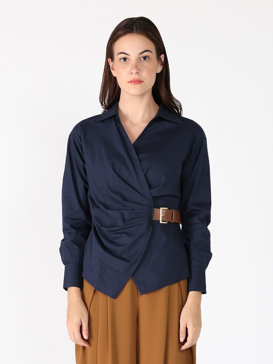 Cross Body Belt Design Side Gathered Top TOP Gracia Fashion NAVY S 