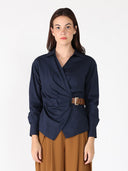 Cross Body Belt Design Side Gathered Top TOP Gracia Fashion NAVY S 