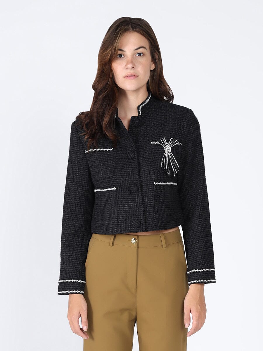 Crystal Embellished Cropped High Neck Jacket JACKET Gracia Fashion BLACK S 