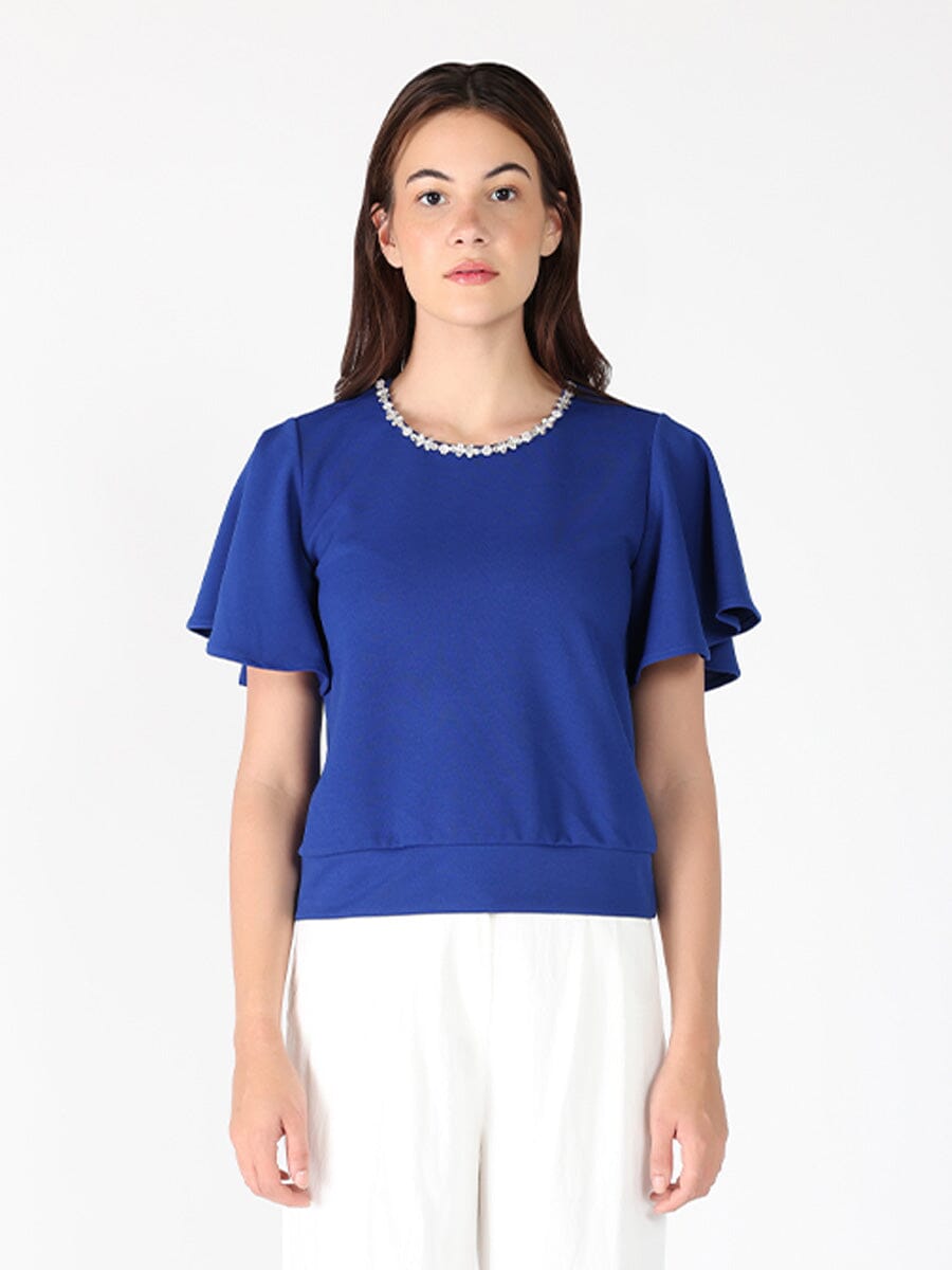 Crystal Embroidered Crewneck Top TOP Gracia Fashion BLUE S 