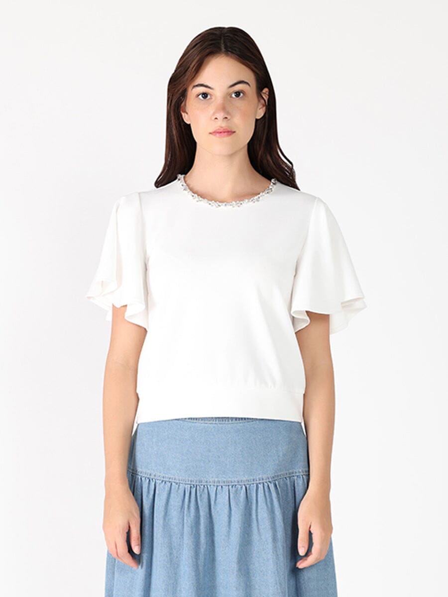 Crystal Embroidered Crewneck Top TOP Gracia Fashion WHITE S 