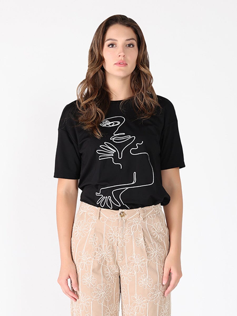 Cubist Painting Detail Low Shoulder Line Top TOP Gracia Fashion BLACK S 